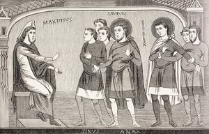 Heiligen Savin en Cyprianus bekennen aan Proconsul Galerius Maximus dat ze christenen zijn, uit 